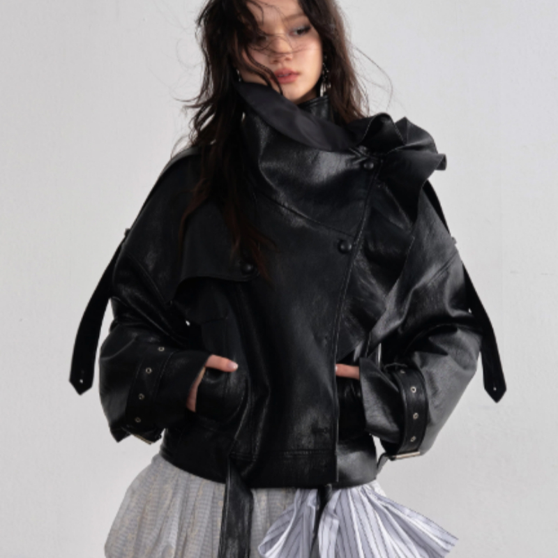 Ruffled PU Leather Jacket