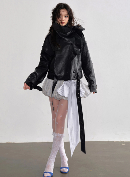 Ruffled PU Leather Jacket
