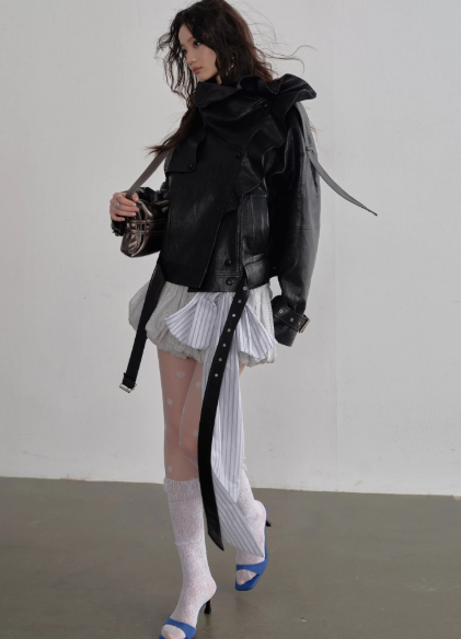 Ruffled PU Leather Jacket