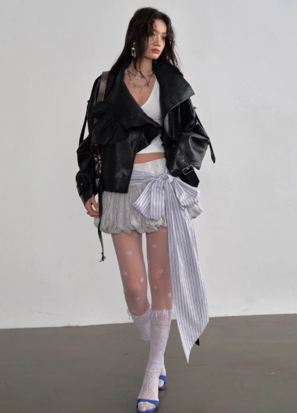 Ruffled PU Leather Jacket