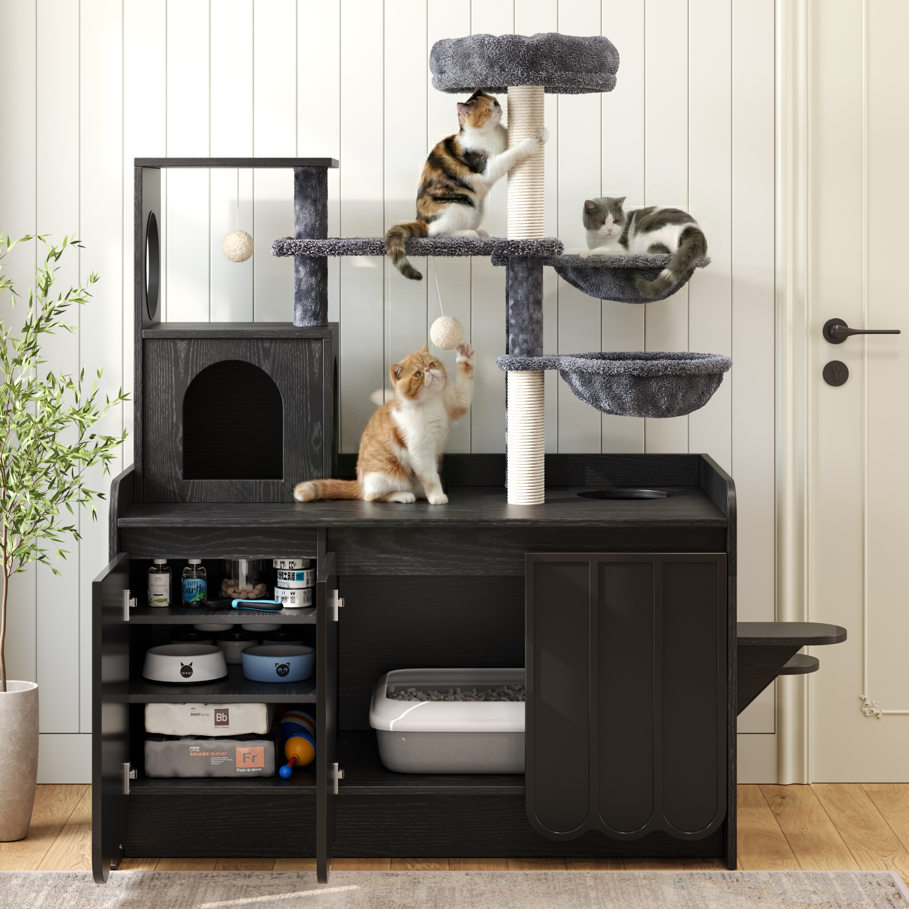 Cat Tree Condo Litter Box Black