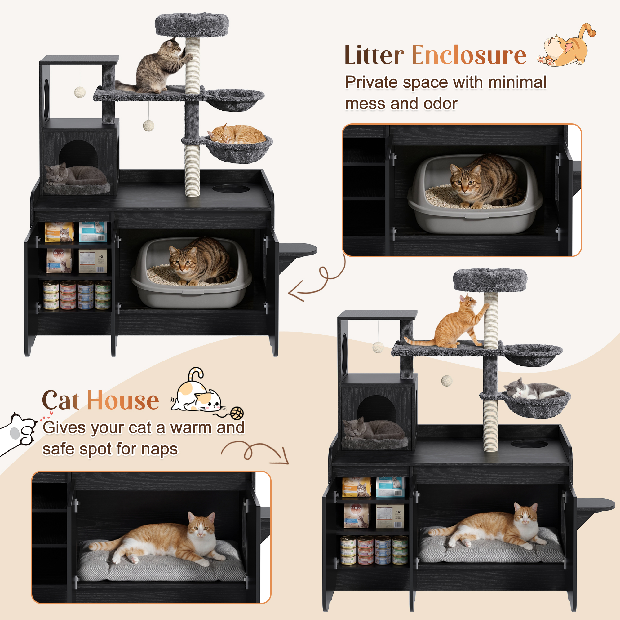 Cat Tree Condo Litter Box Black