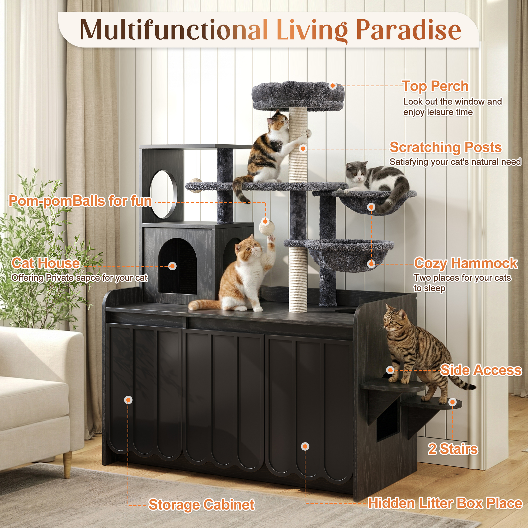 Cat Tree Condo Litter Box Black