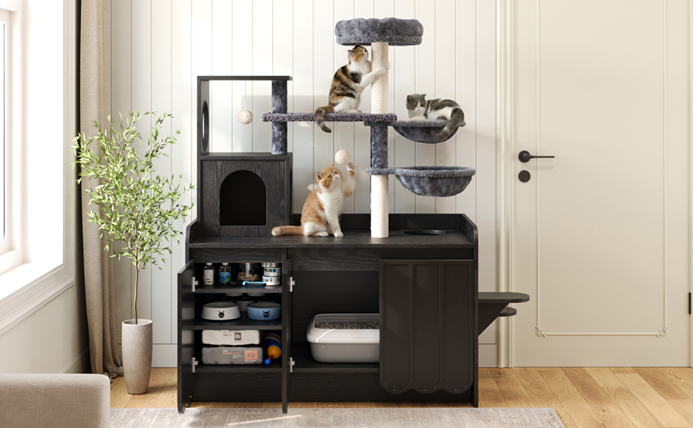 Cat Tree Condo Litter Box Black