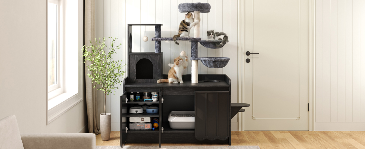 Cat Tree Condo Litter Box Black