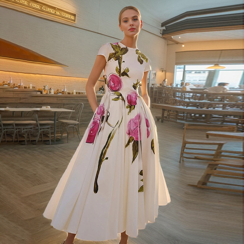 Floral Print Dress, Figure-flattering Round-neck