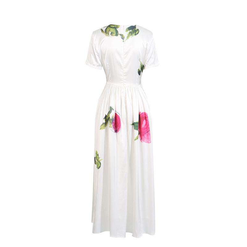 Floral Print Dress, Figure-flattering Round-neck