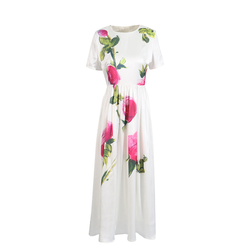 Floral Print Dress, Figure-flattering Round-neck