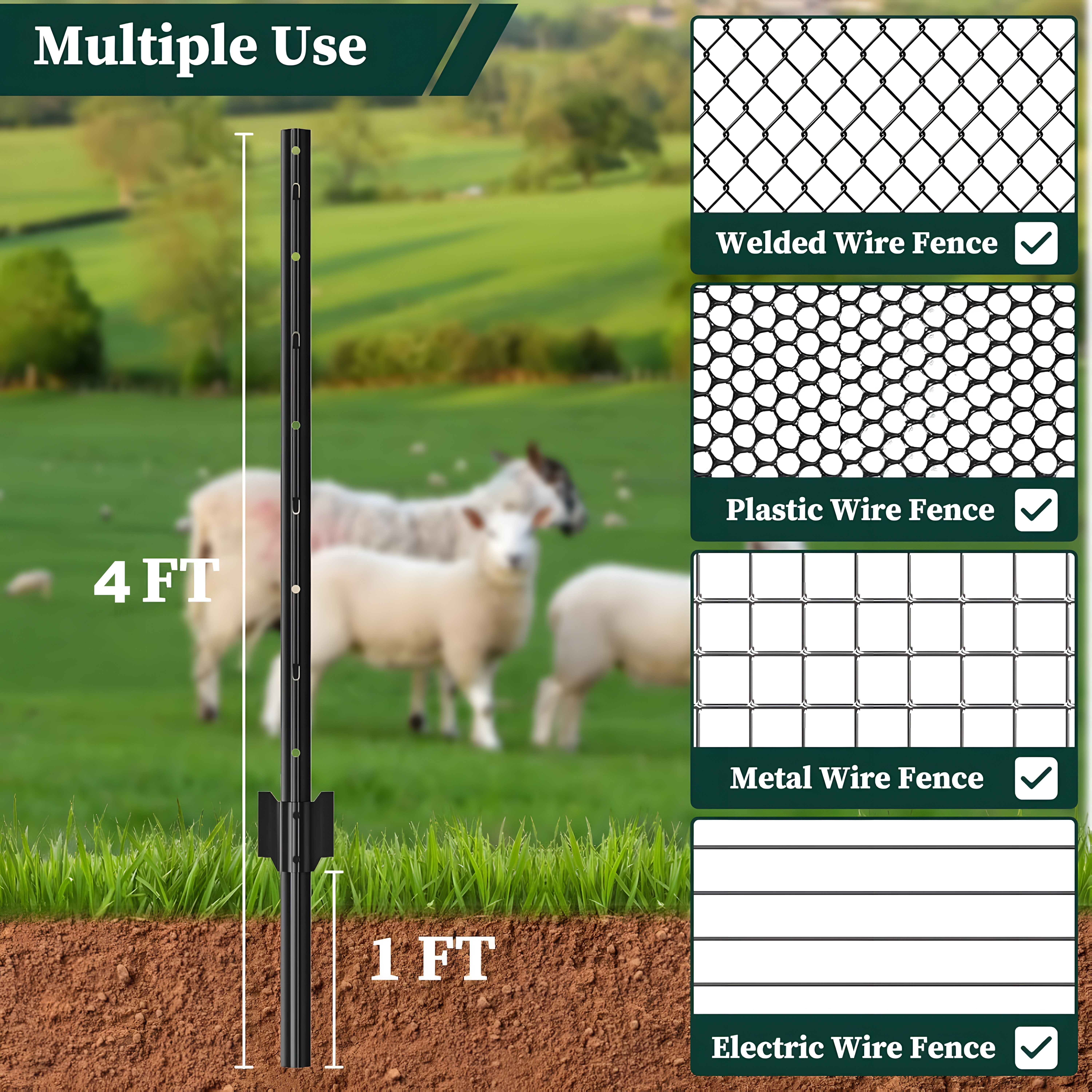 Garden Fence Post Set 4ft Heavy-duty Metal