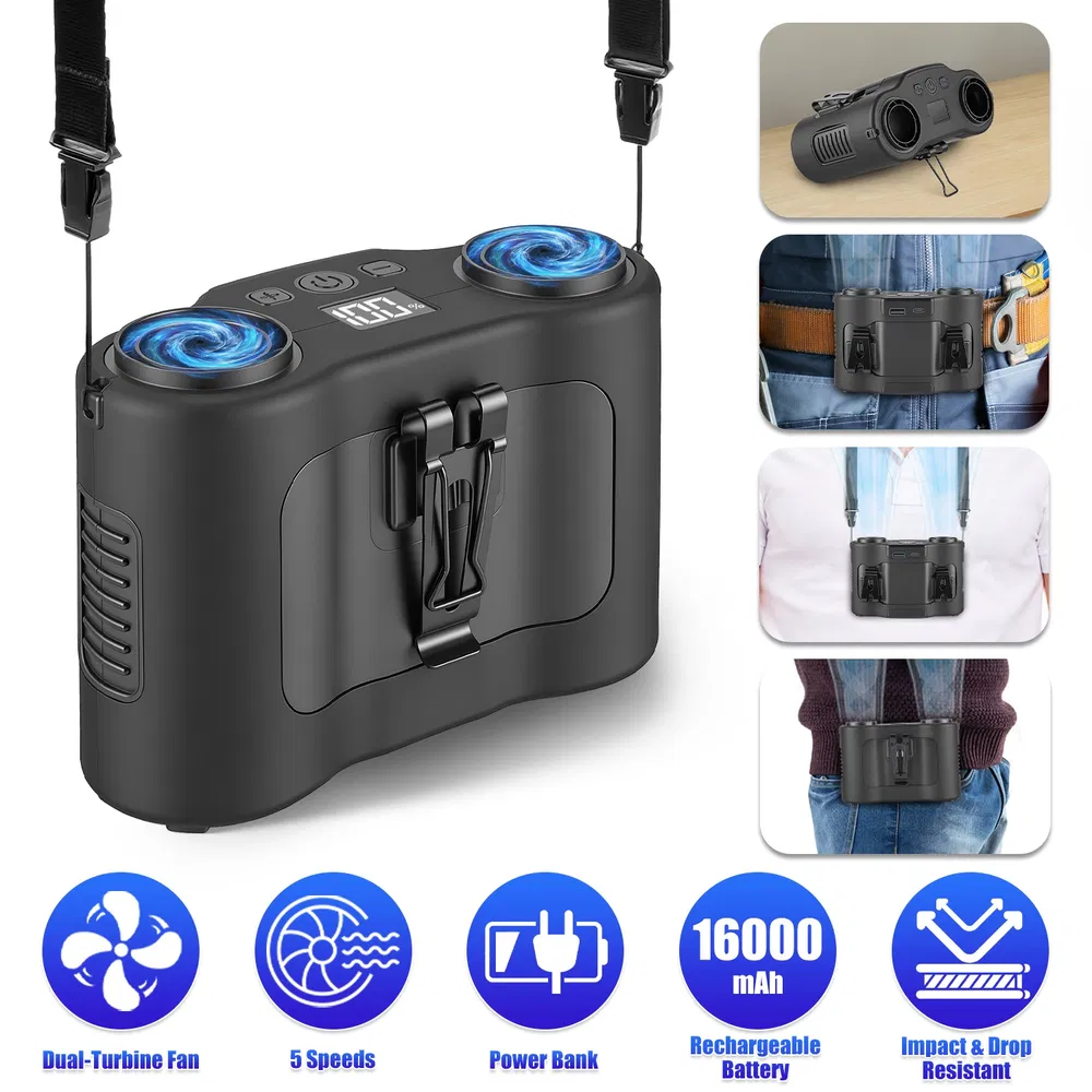 16000mAh 4 In 1 Dual-Turbine Waist Clip Fan Wearable Personal Fan Hands-Free With 5 Speeds LCD Display Lanyard Double As Power Bank For Jobsites Camping Hiking