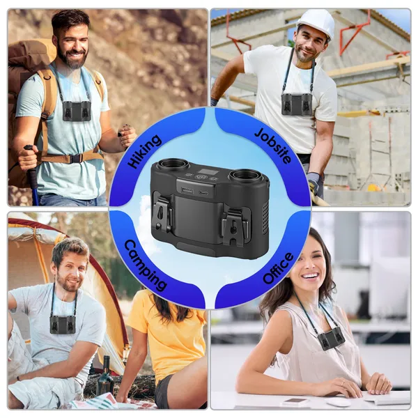 16000mAh 4 In 1 Dual-Turbine Waist Clip Fan Wearable Personal Fan Hands-Free With 5 Speeds LCD Display Lanyard Double As Power Bank For Jobsites Camping Hiking