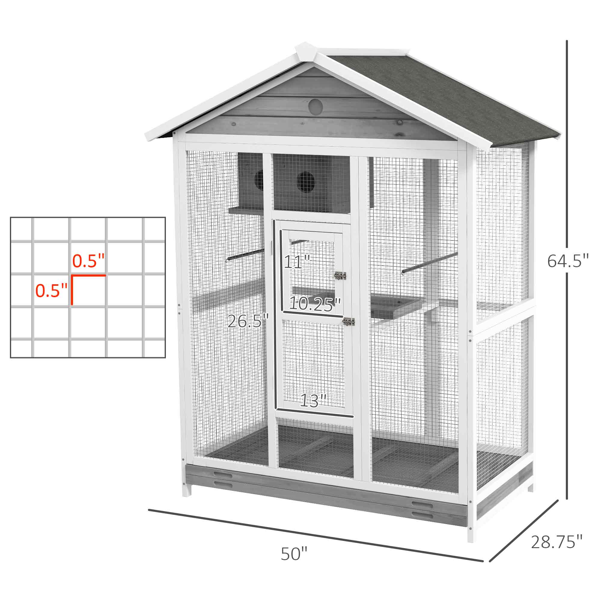 64.5" Wooden Bird Cage Aviary, Flight Cage with 4 Perches, Nest and Slide-Out Tray for Indoor/Outdoor, Gray