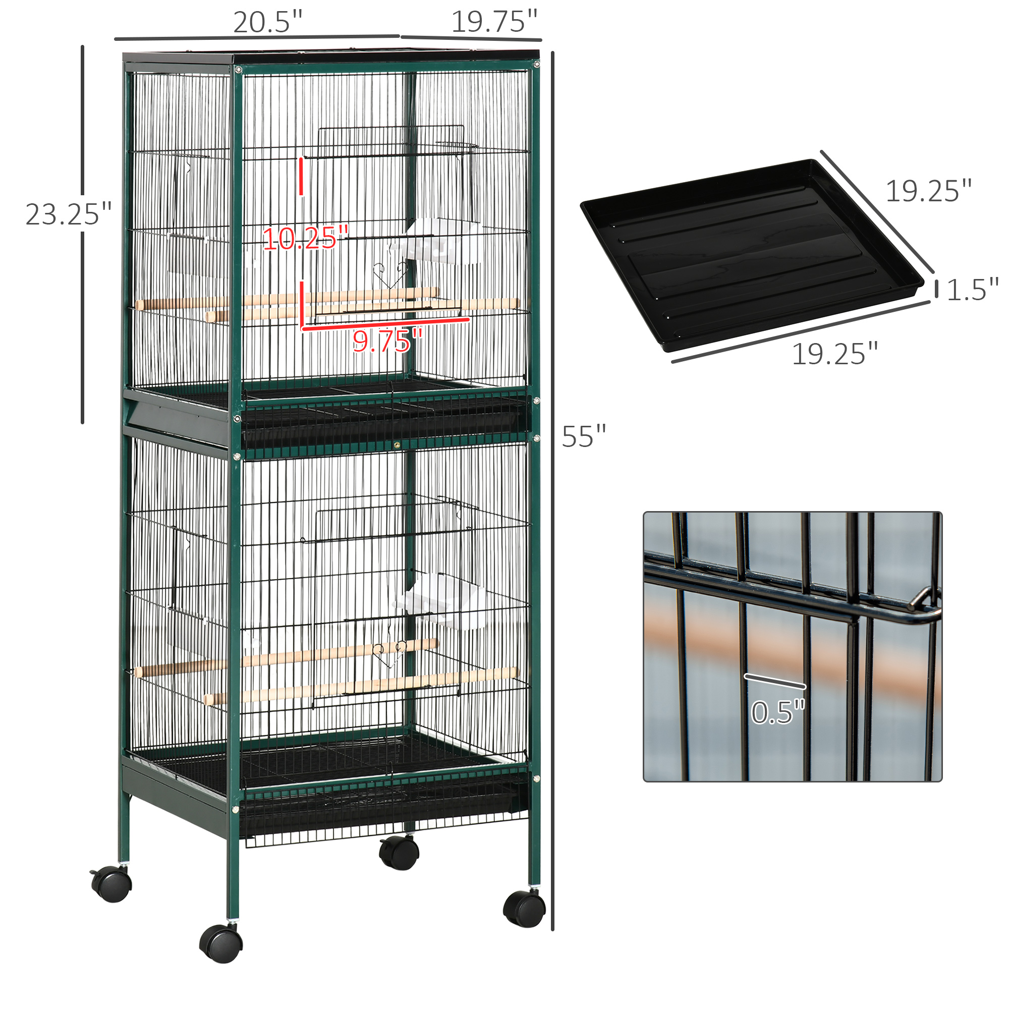 Large Bird Cage with 1.7 ft. Width for Wingspan, Bird Aviary Indoor with Multi-Door Design, Fit for a Canary, Finch, Conure, 55", Green