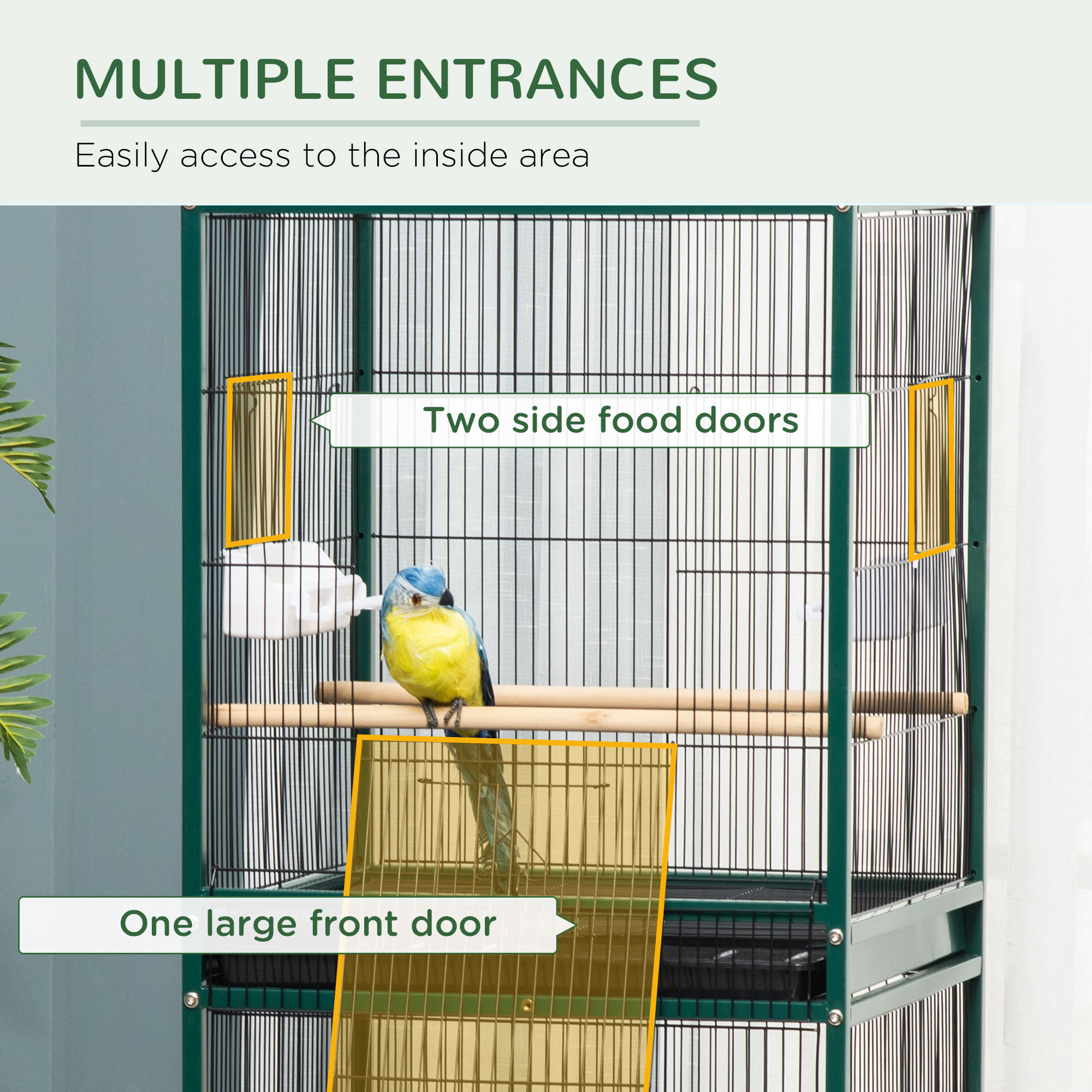 Large Bird Cage with 1.7 ft. Width for Wingspan, Bird Aviary Indoor with Multi-Door Design, Fit for a Canary, Finch, Conure, 55", Green