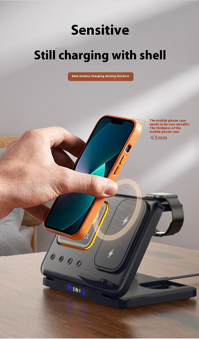 15W Wireless Chargers Stand 5 In1 LED Digital Alarm Clock Fast Charging Dock Station