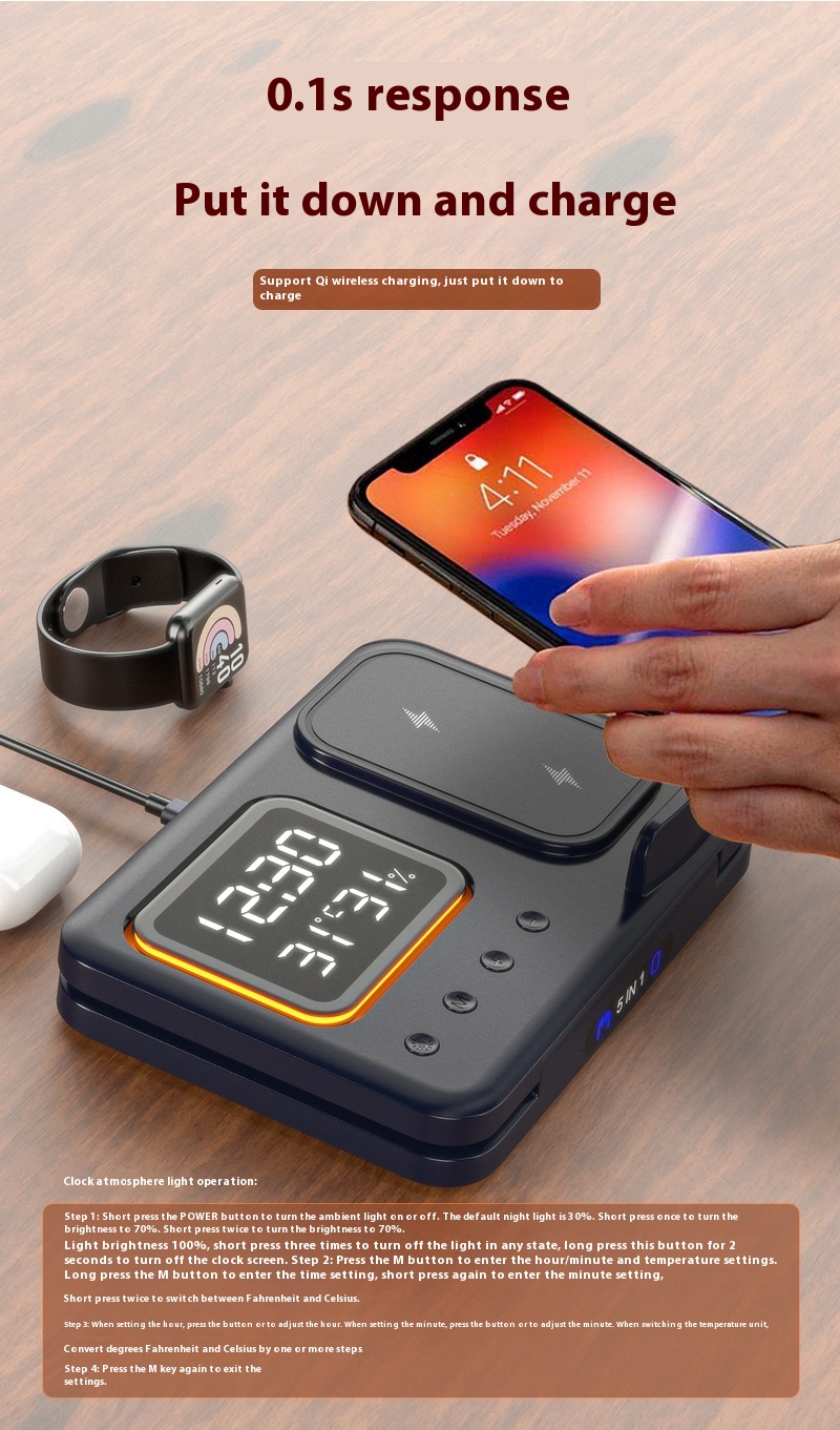 15W Wireless Chargers Stand 5 In1 LED Digital Alarm Clock Fast Charging Dock Station