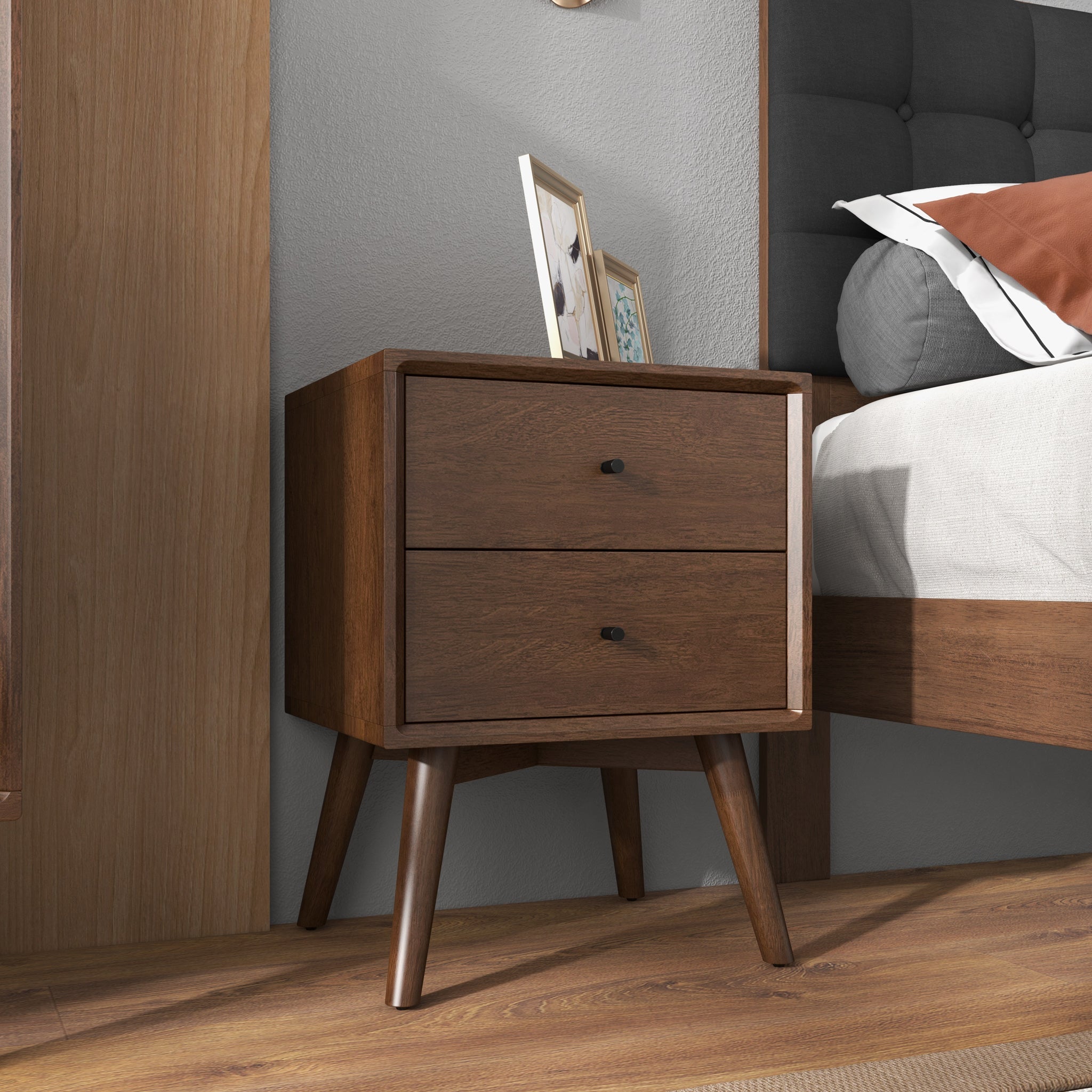 Mid-Century Night Stand 2-Drawer Dark Brown