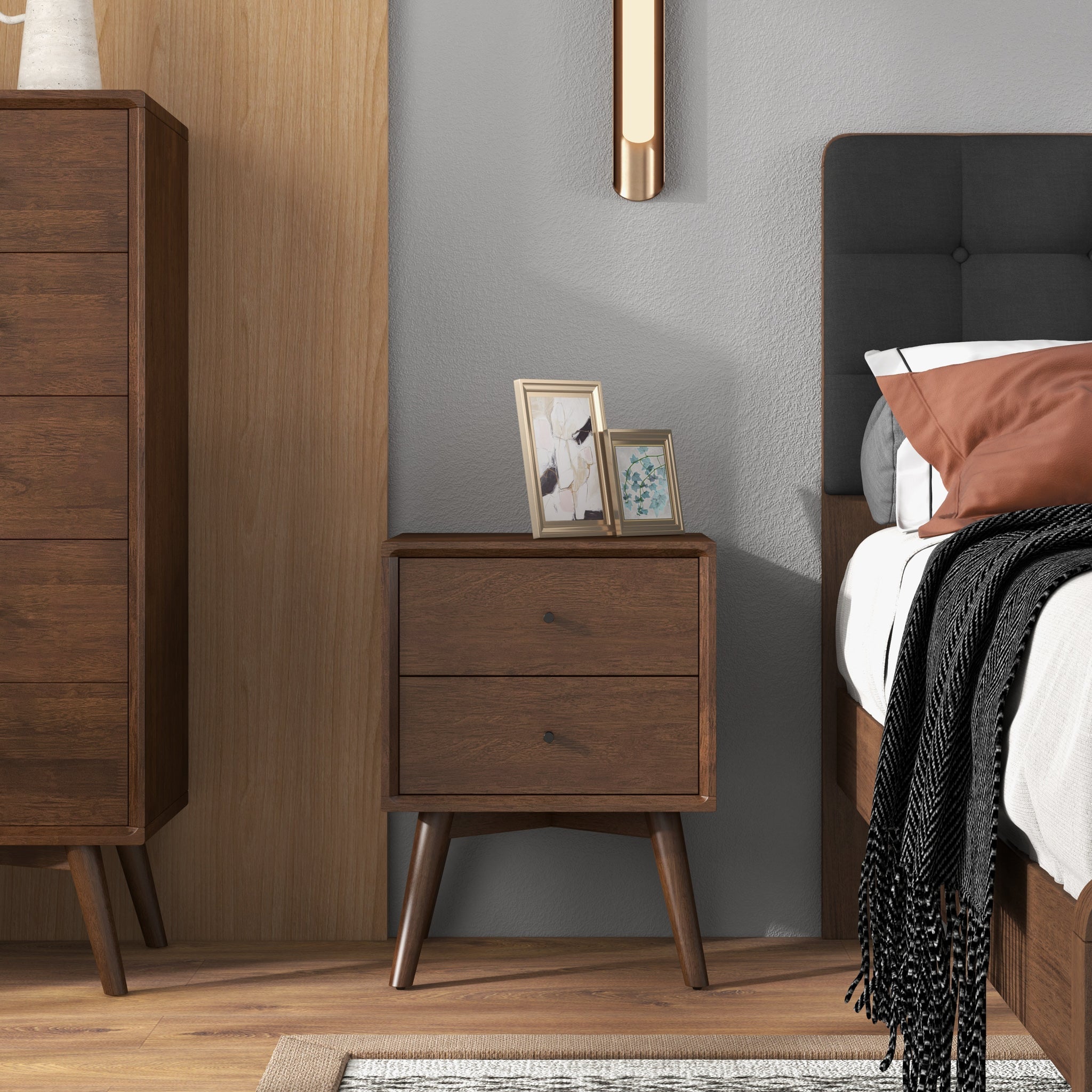Mid-Century Night Stand 2-Drawer Dark Brown
