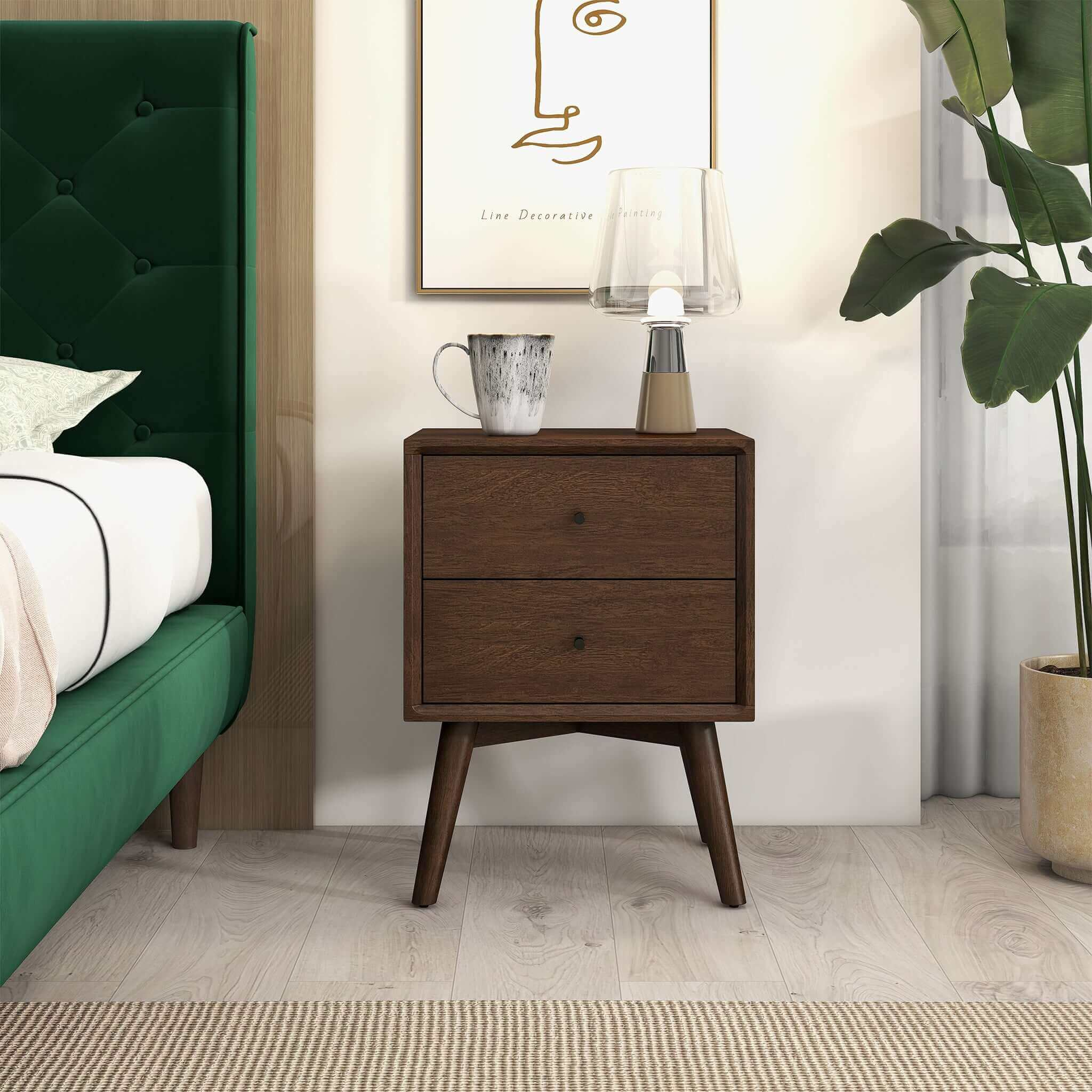 Mid-Century Night Stand 2-Drawer Dark Brown