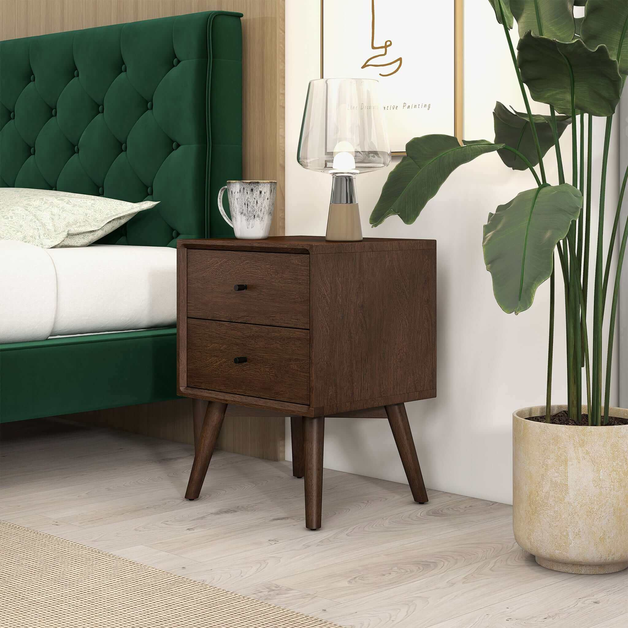 Mid-Century Night Stand 2-Drawer Dark Brown