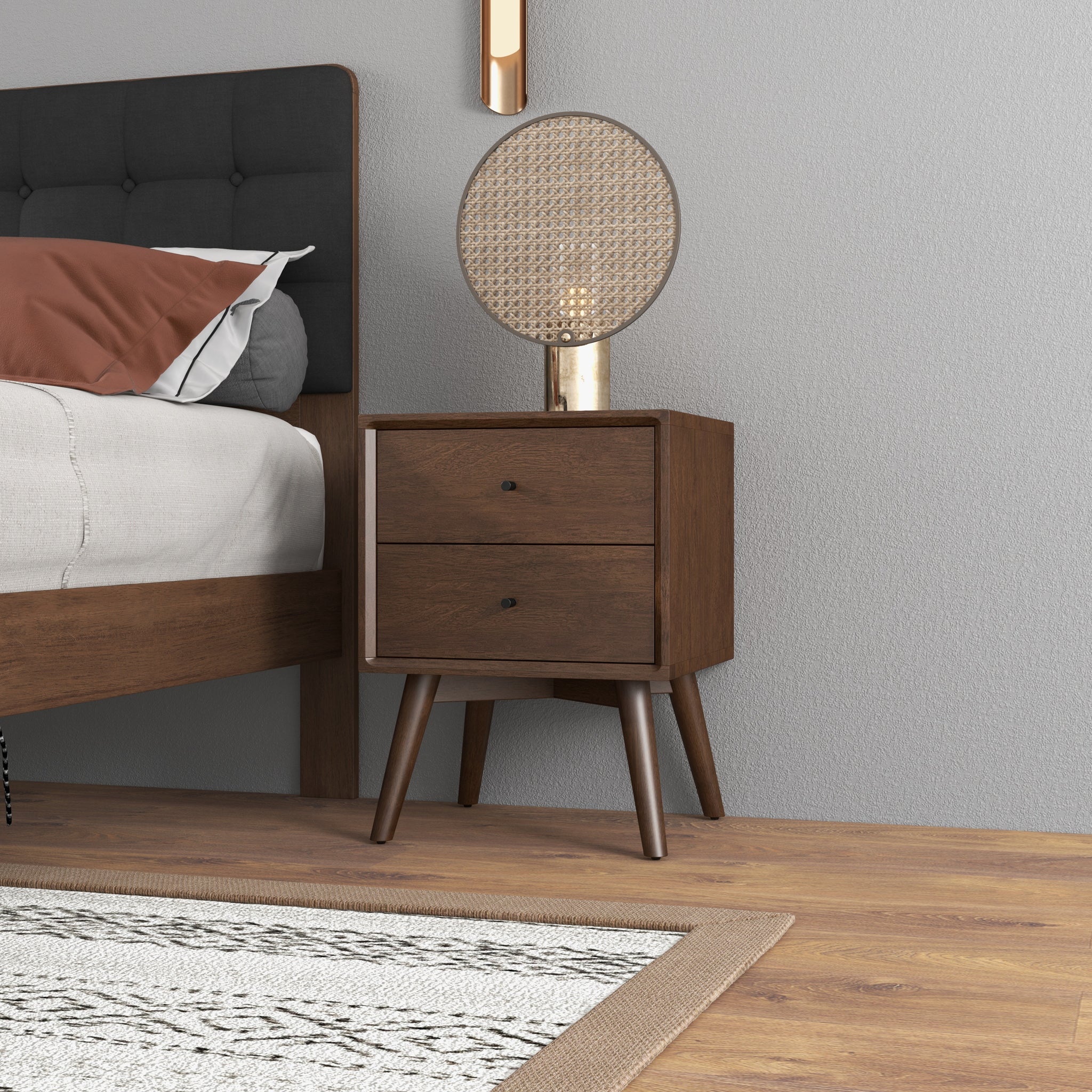 Mid-Century Night Stand 2-Drawer Dark Brown