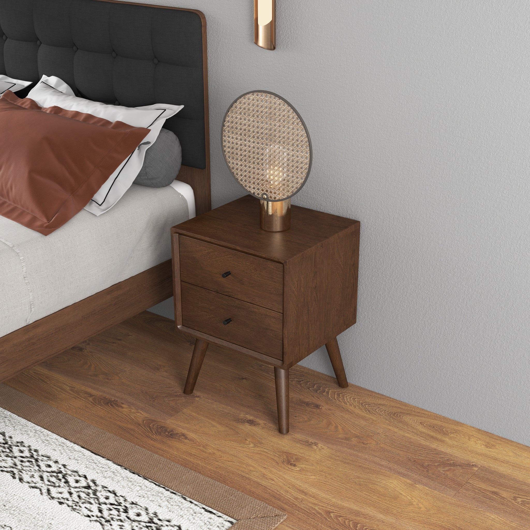 Mid-Century Night Stand 2-Drawer Dark Brown