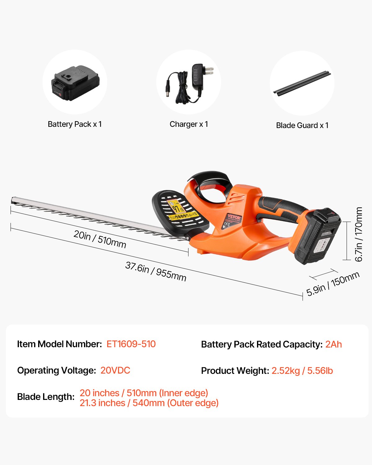 Cordless Electric Hedge Trimmer 20V