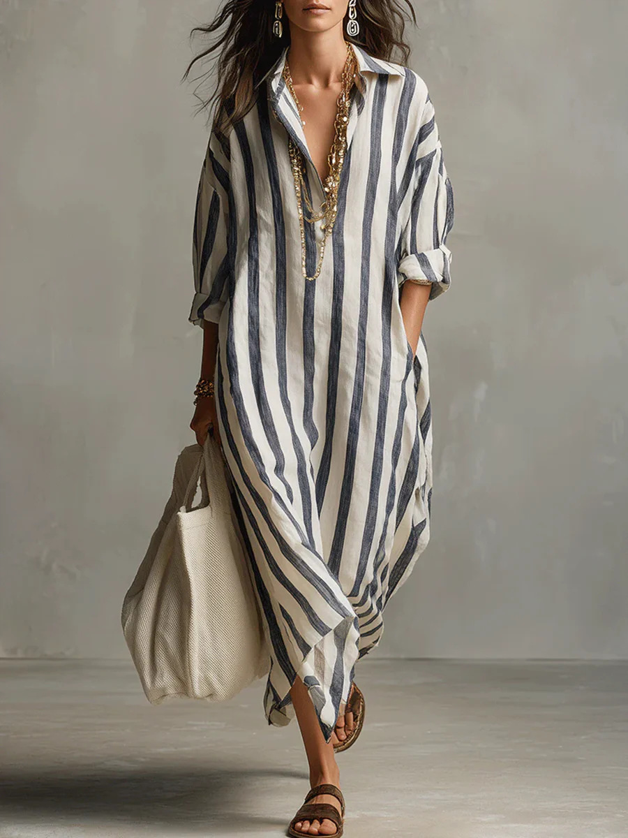 Striped Shirt Dress V-Neck Women's