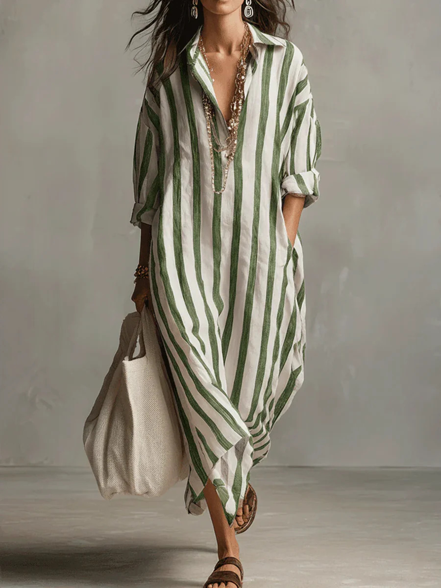 Striped Shirt Dress V-Neck Women's