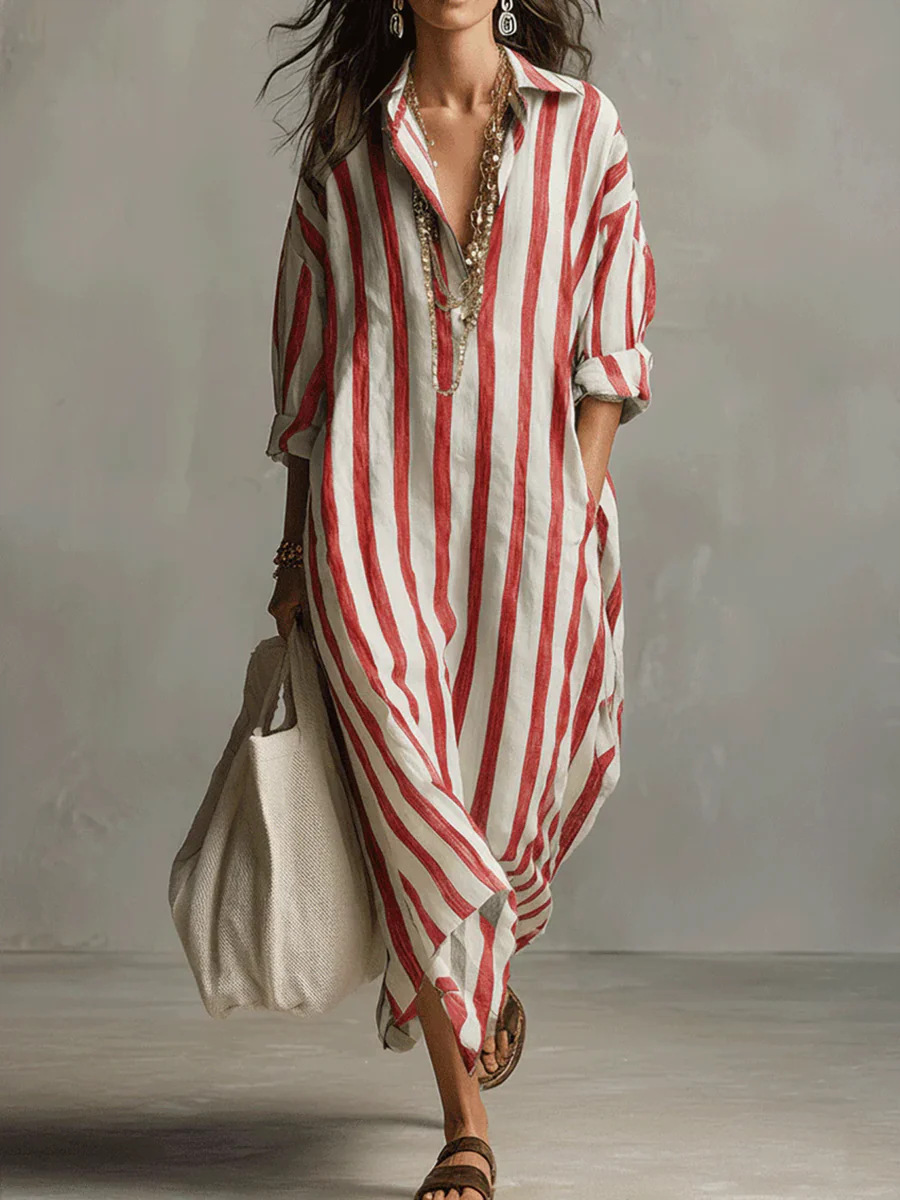 Striped Shirt Dress V-Neck Women's