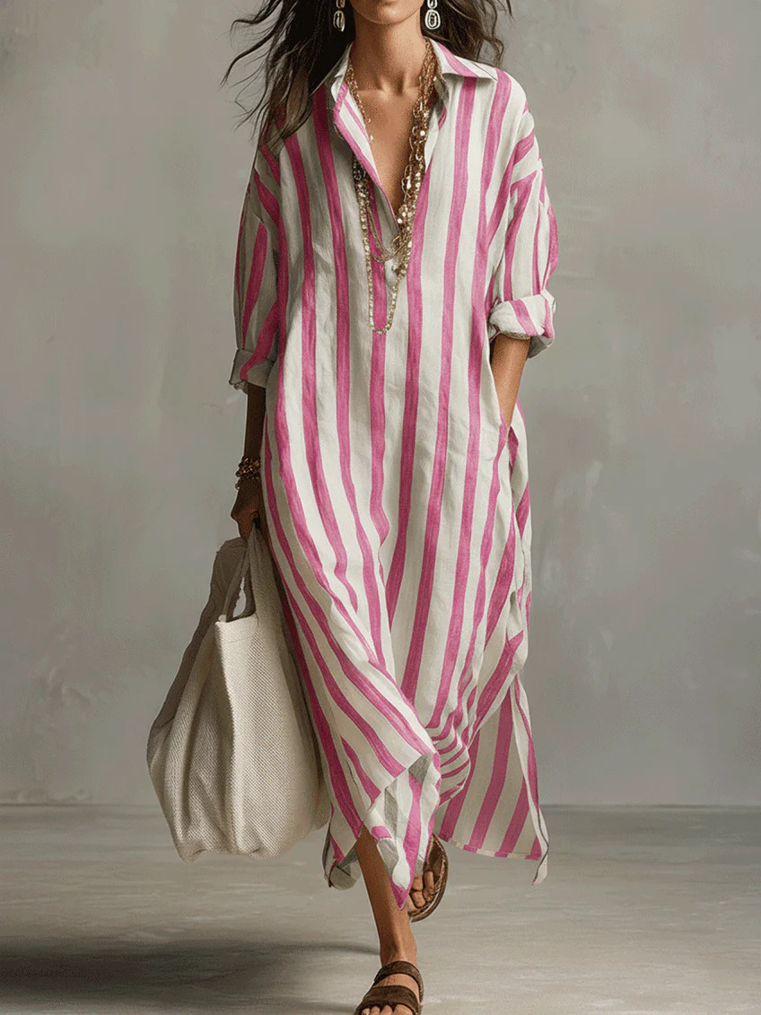 Striped Shirt Dress V-Neck Women's