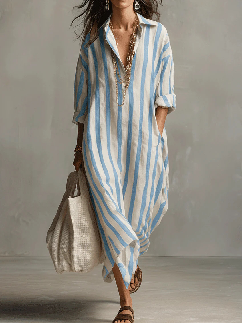 Striped Shirt Dress V-Neck Women's