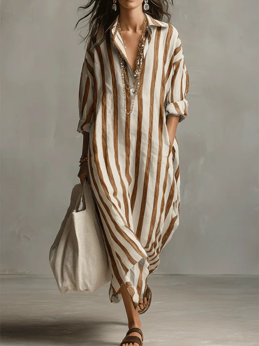 Striped Shirt Dress V-Neck Women's