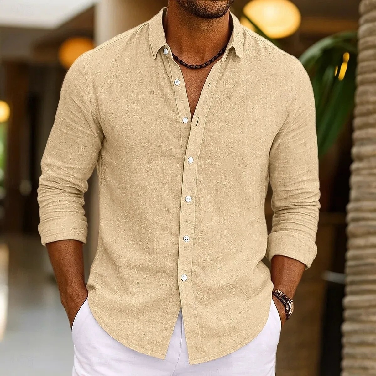 Solid-color Bamboo-viscose Long-sleeve Shirt For Men