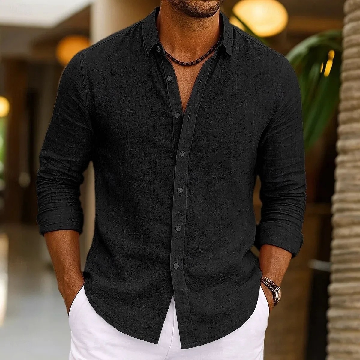 Solid-color Bamboo-viscose Long-sleeve Shirt For Men