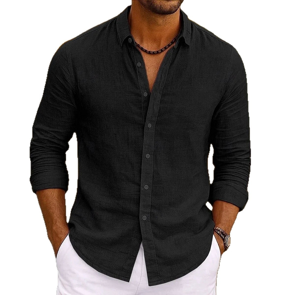 Solid-color Bamboo-viscose Long-sleeve Shirt For Men