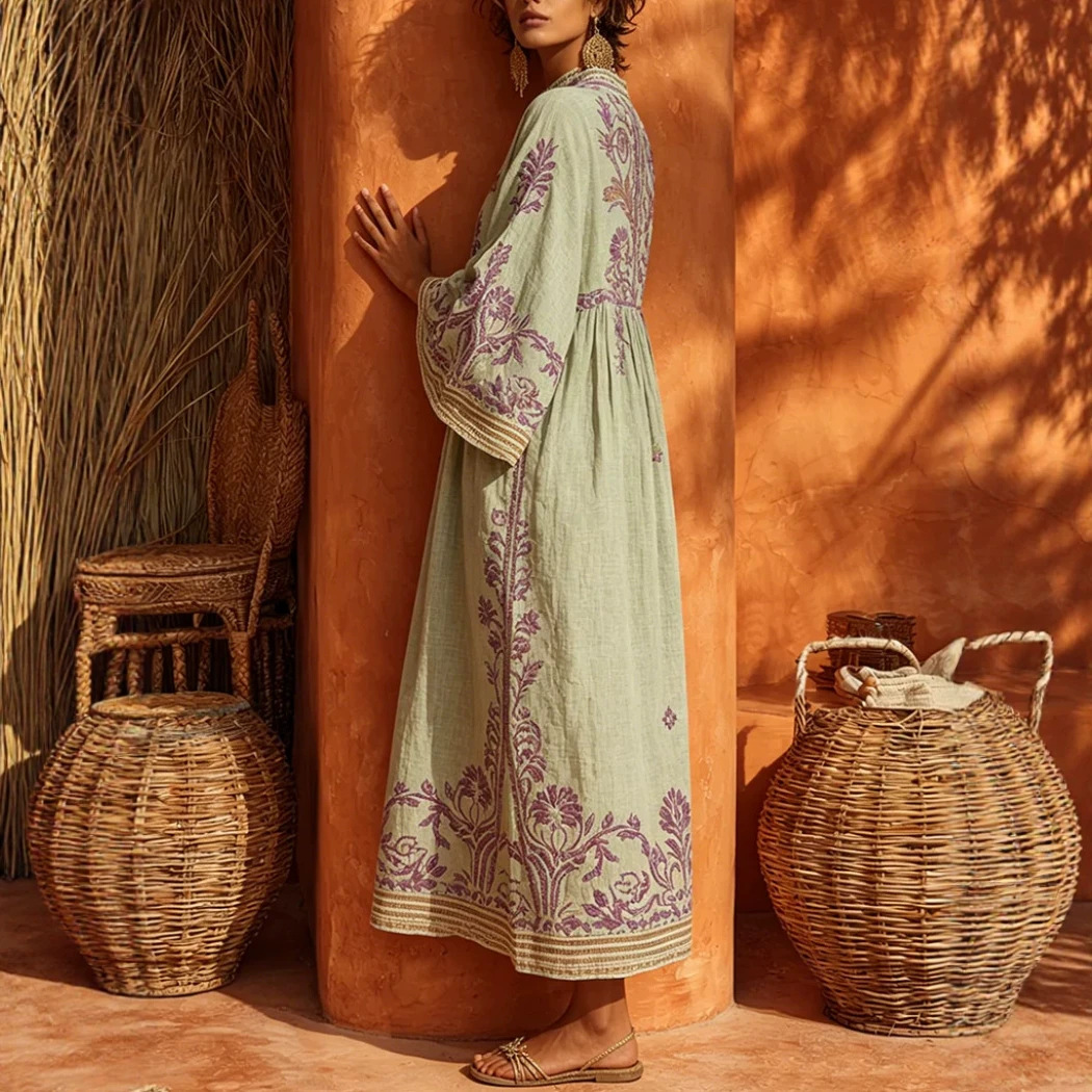 Womens Long Dress Printed Cotton-Linen