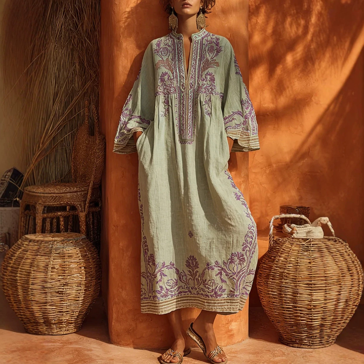 Womens Long Dress Printed Cotton-Linen