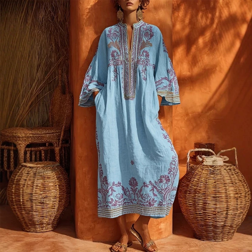 Womens Long Dress Printed Cotton-Linen