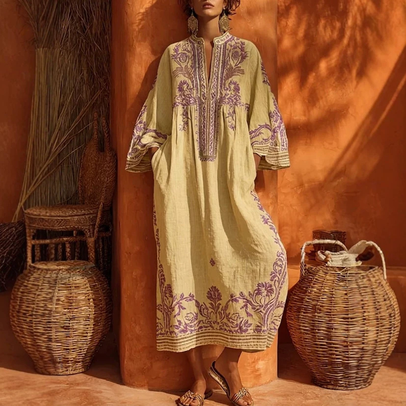 Womens Long Dress Printed Cotton-Linen