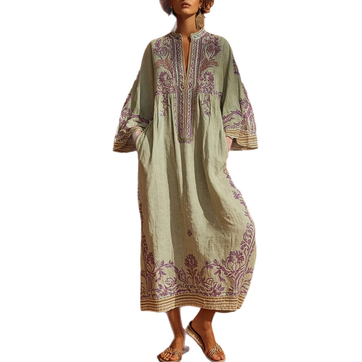 Womens Long Dress Printed Cotton-Linen