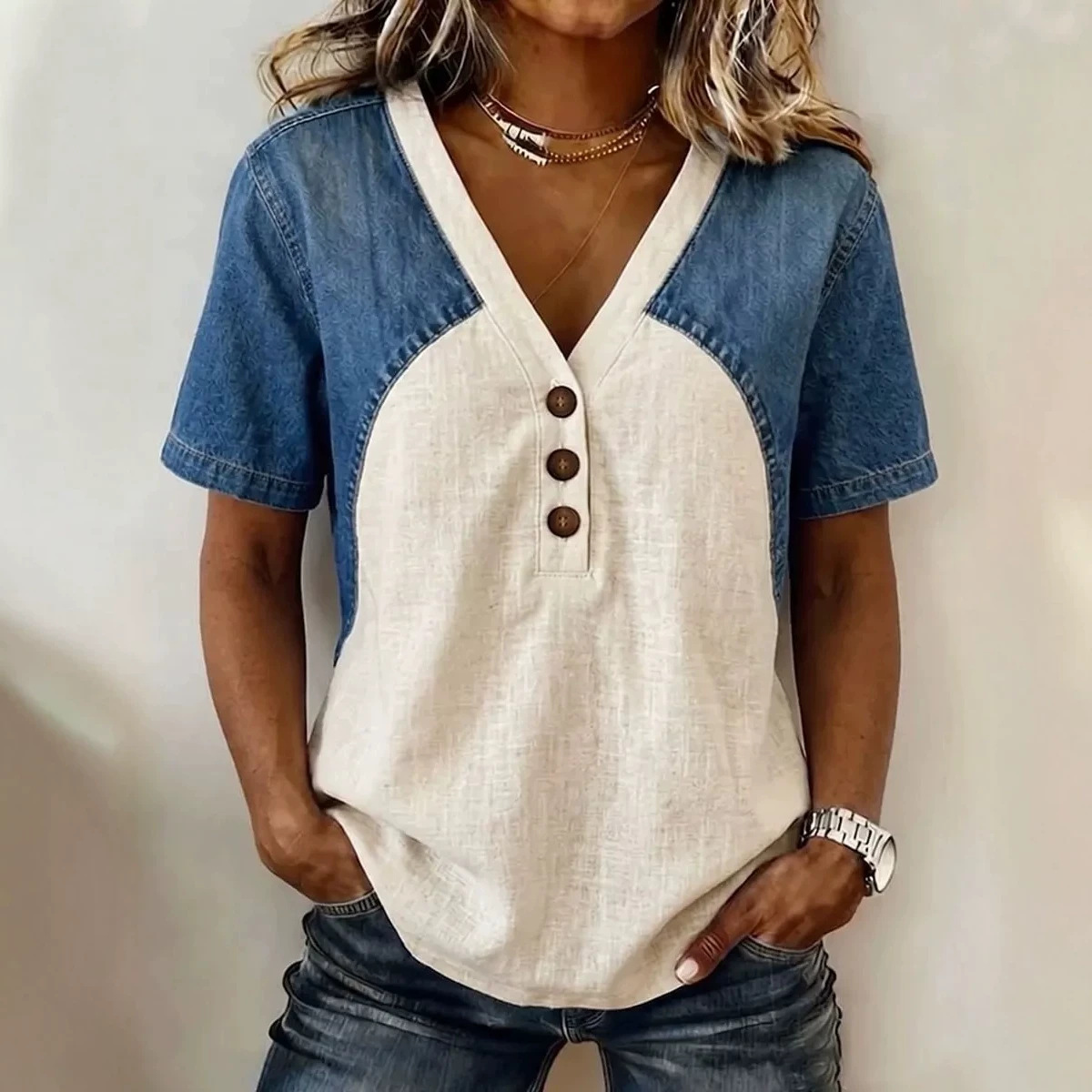 Womens Denim Patchwork T-Shirt