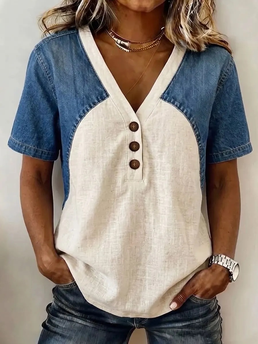 Womens Denim Patchwork T-Shirt