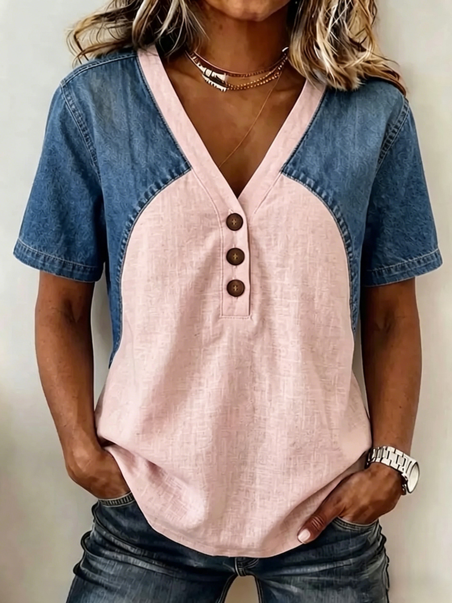 Womens Denim Patchwork T-Shirt