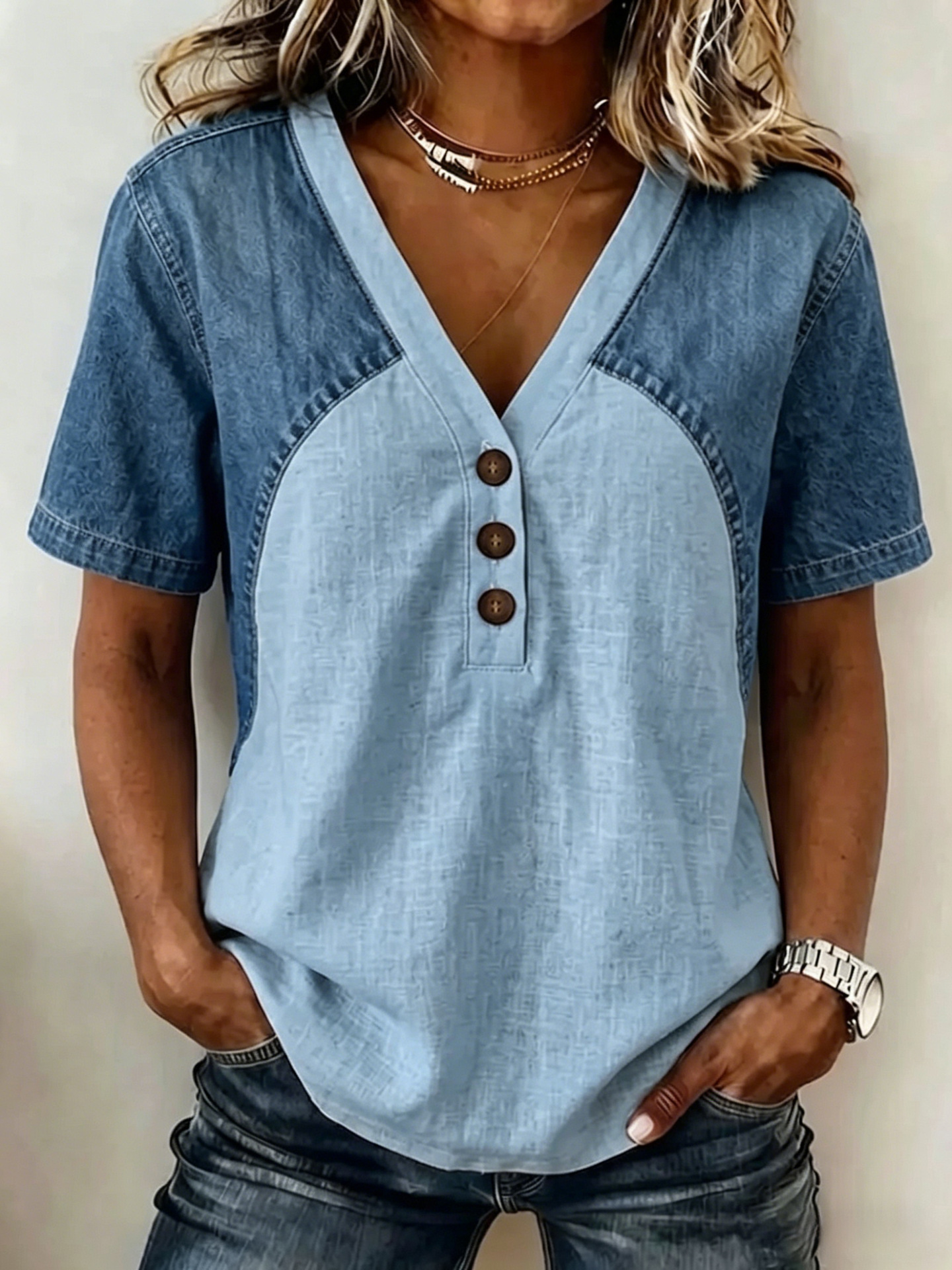Womens Denim Patchwork T-Shirt