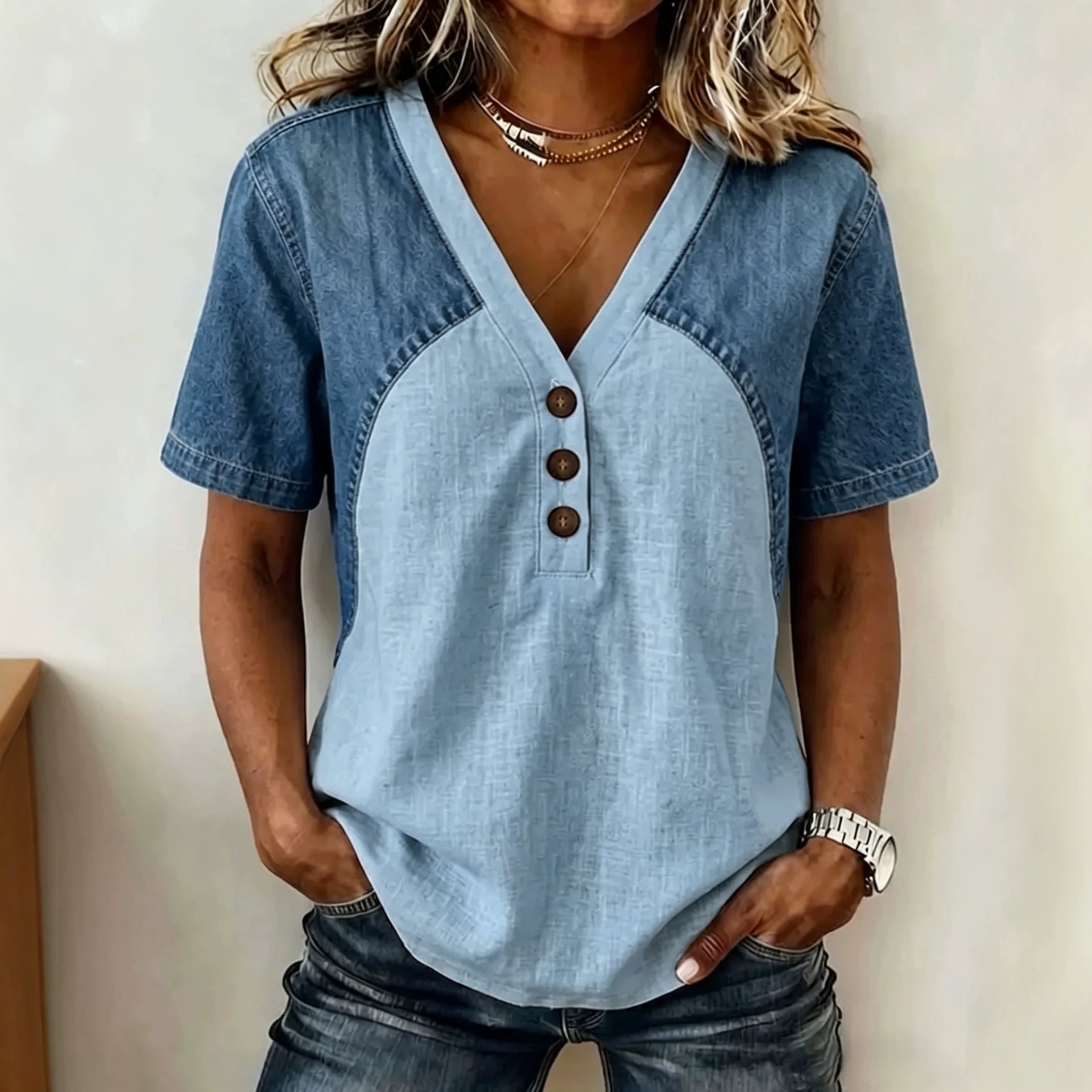 Womens Denim Patchwork T-Shirt