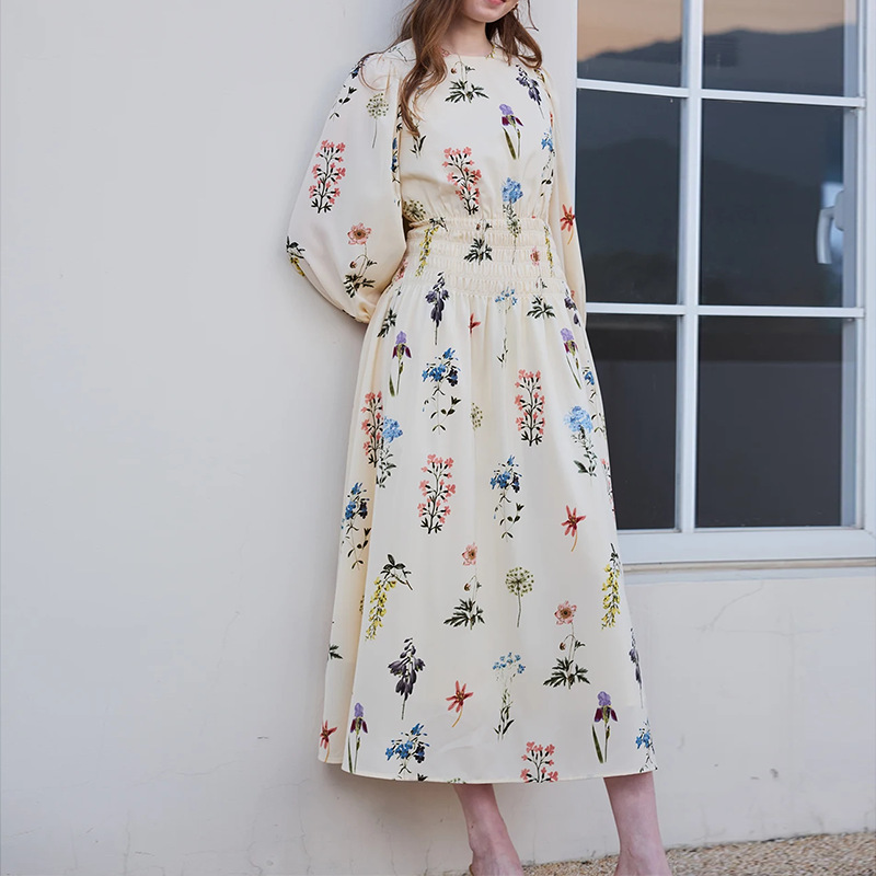 Casual Plant Print Dress Fashion Waist-tie