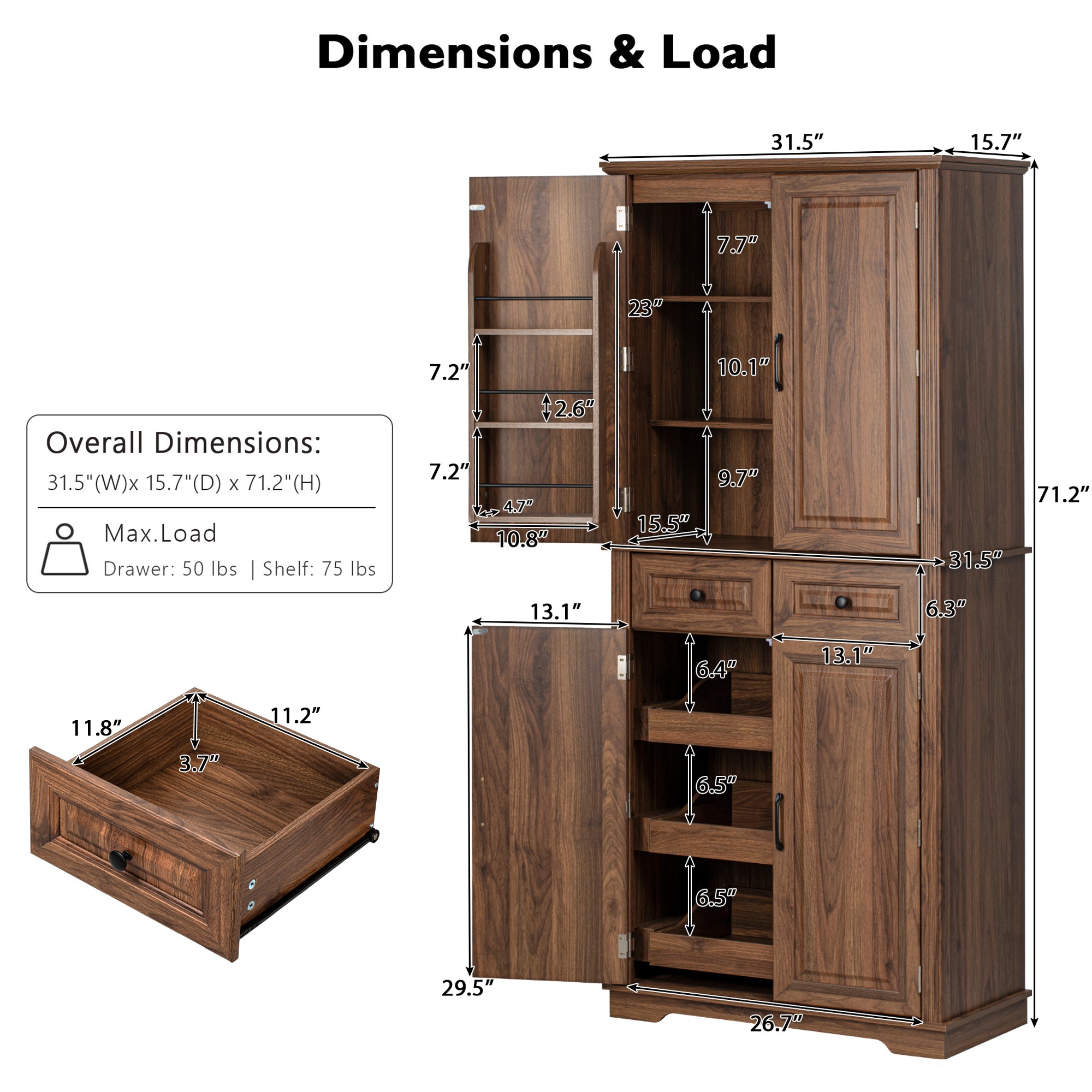 K&K Kitchen Pantry Cabinet 71 Tall