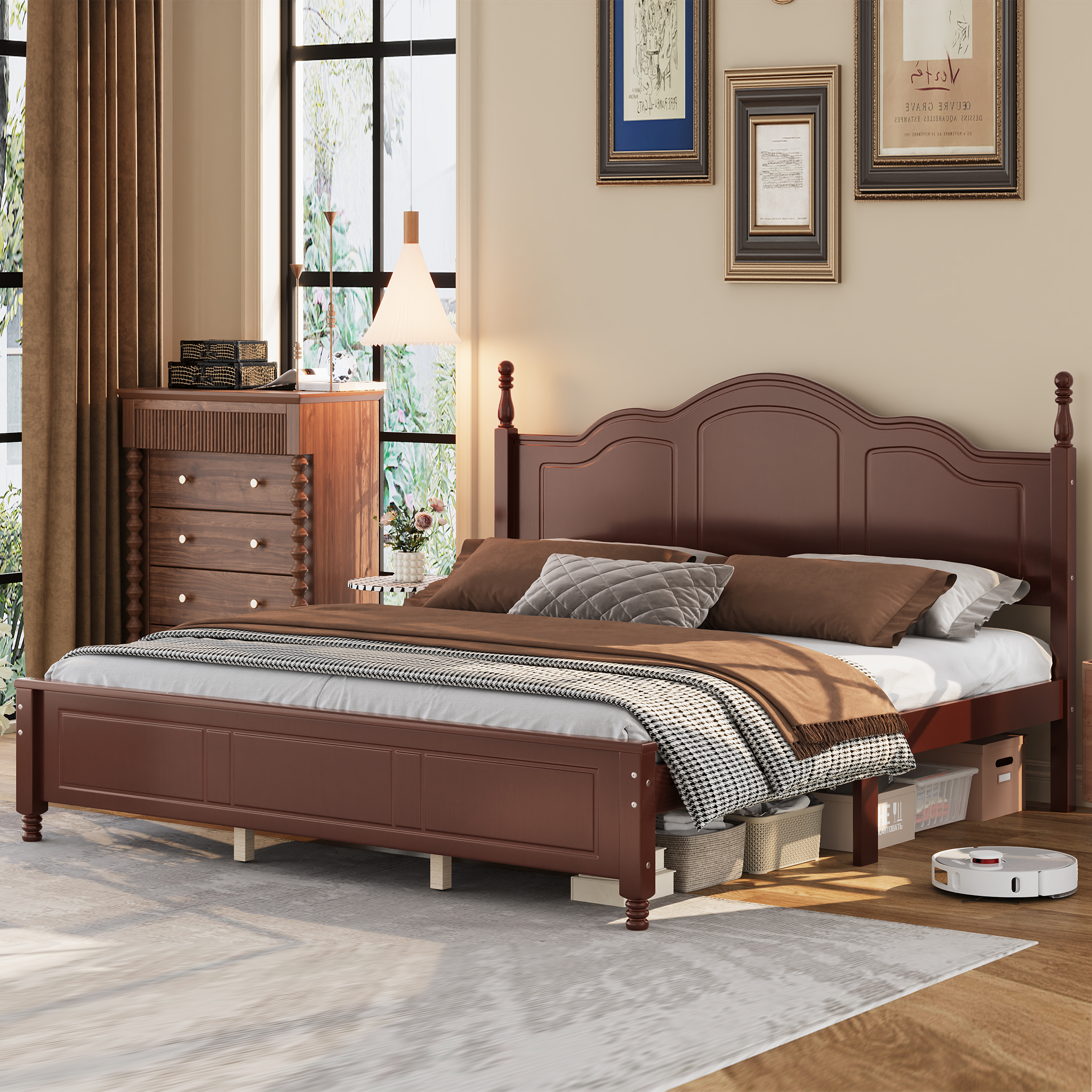 Platform Bed Frame, King Size with Retro Wave Headboard