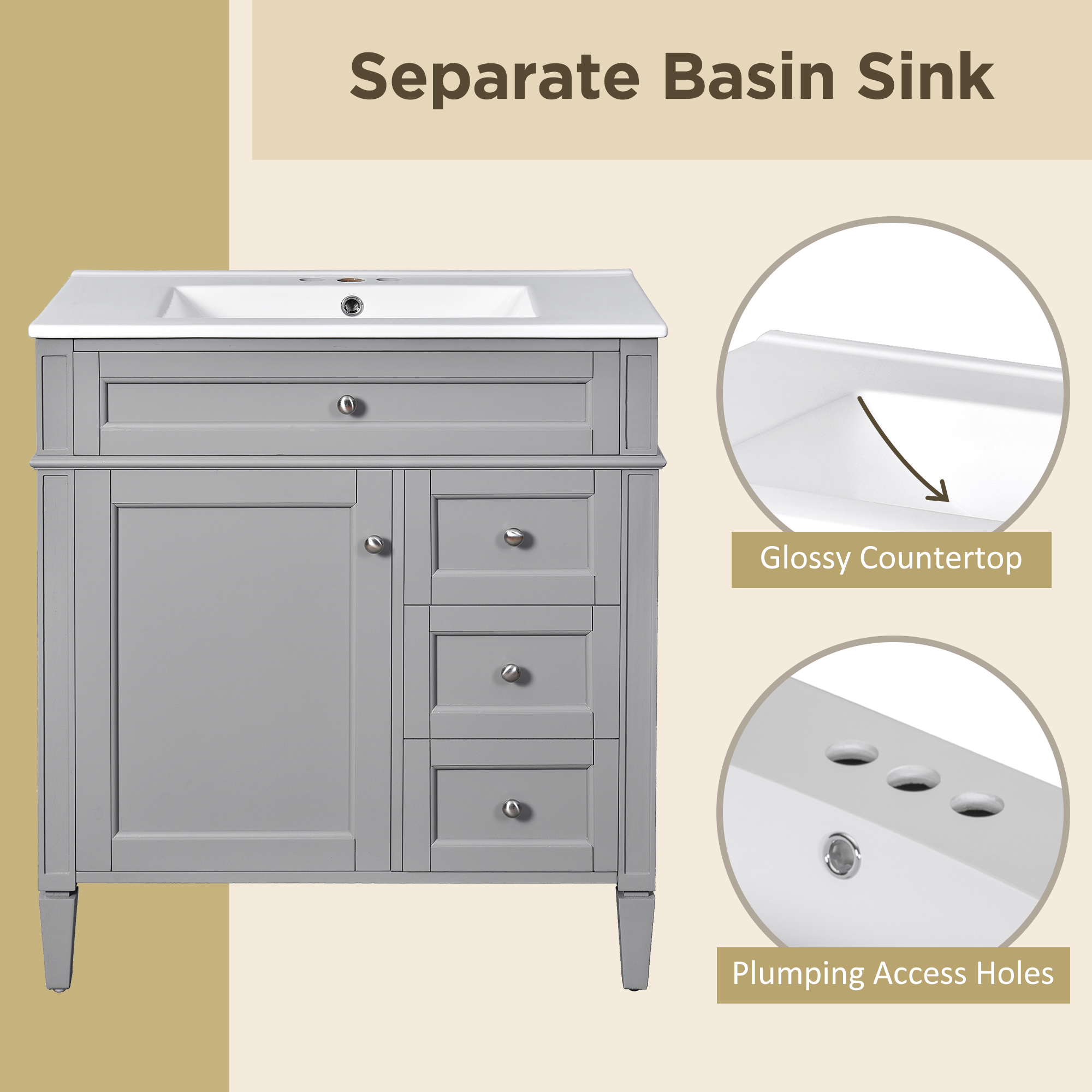 30 Bathroom Vanity with Top Sink and Drawers